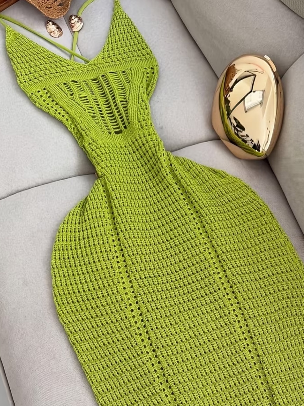 New Summer Green Hollow Suspender Long Dress for Women, Slim Fit And Hip-Hugging